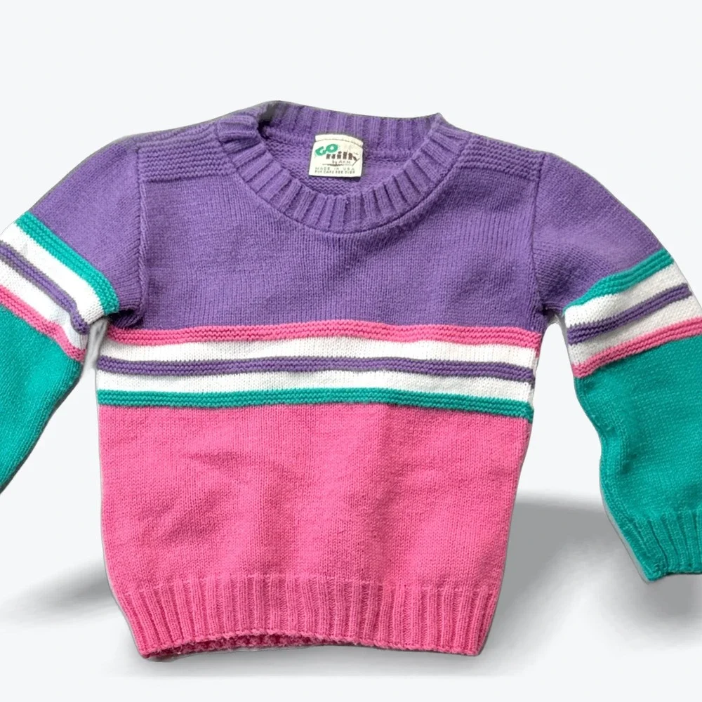 Vintage Go Nitty by AKM Sweater 80s Colorblock Striped Retro Purple Pink Kids 2T